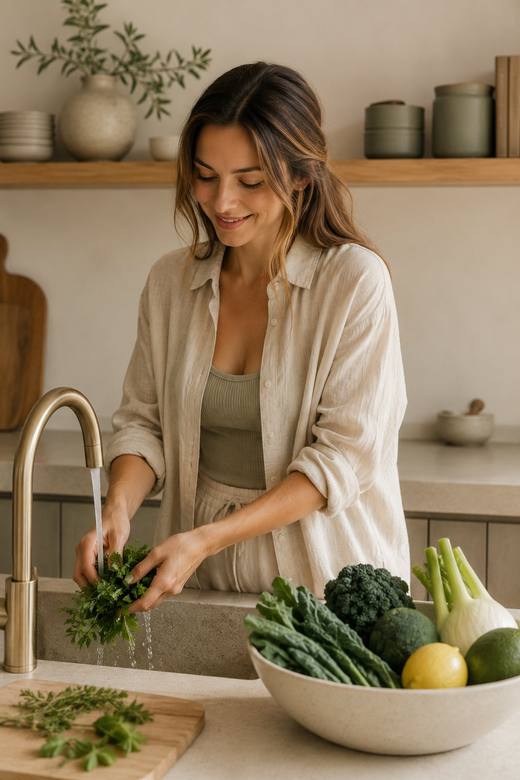 Rinsing fresh greens in a calm kitchen
