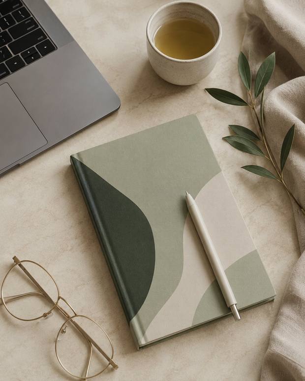 A wellness journal and tea, ready for a quiet morning
