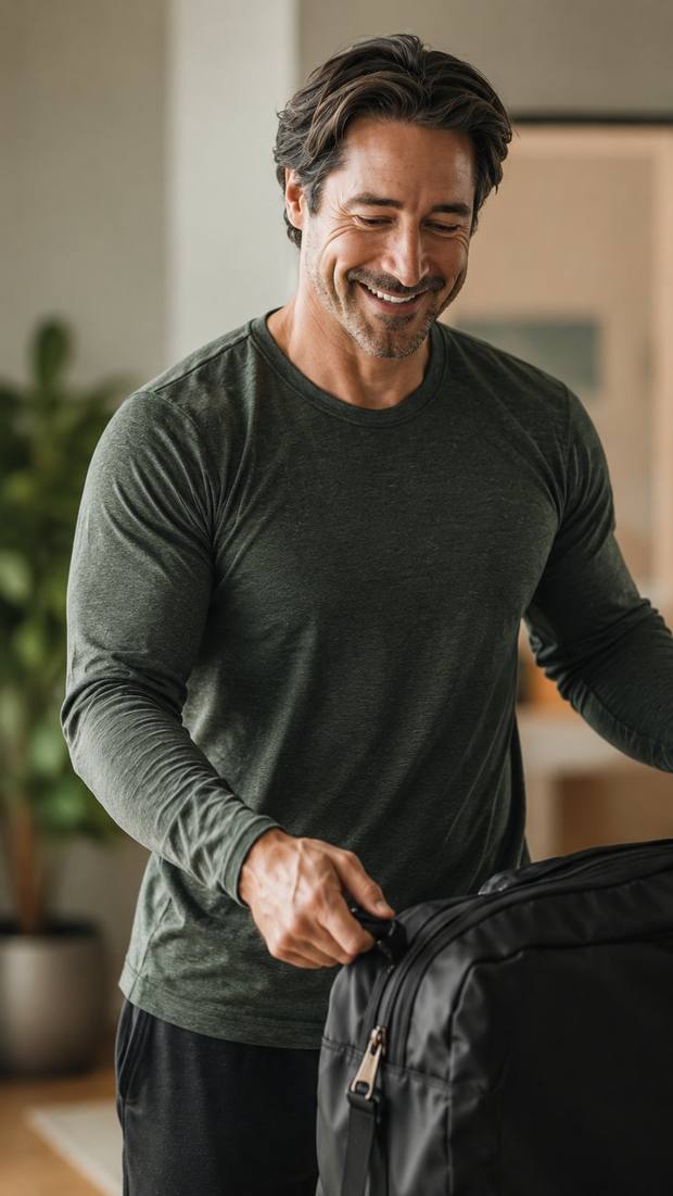 A man packing his gym bag with a smile