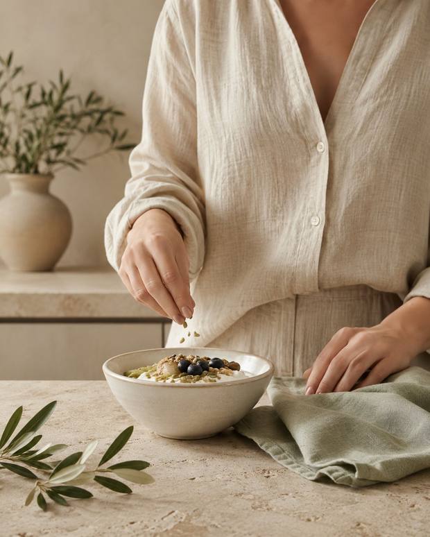 A nourishing breakfast bowl being finished by hand
