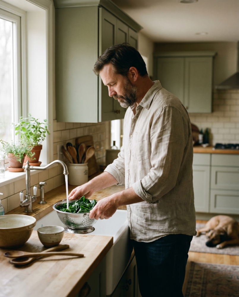 A man rinsing fresh greens in a calm kitchen