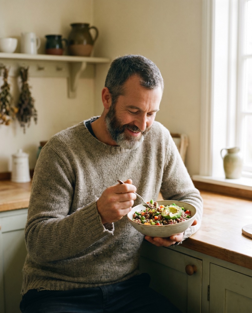 A man with a colourful healthy bowl