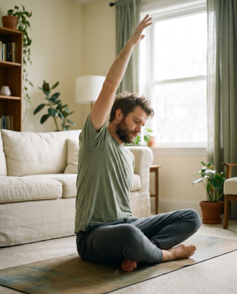 A man stretching in soft morning light